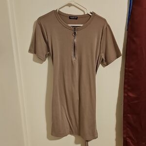 Fashion Nova Upfront Tan Short Sleeve Zip-Up Dress